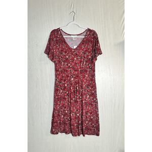 Red Floral Womens Short Sleeve Casual Comfort Dress Soft Flowy Stretch Sz Large
